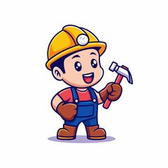 Cartoon Construction Worker Character in Safety Gear with Hammer and Wrench, Colorful and Fun Illustration for Kids