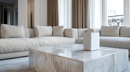 Obraz premium A stylish air purifier positioned beside a marble-top coffee table in a contemporary luxury apartment
