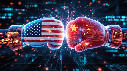 Futuristic AI Boxing Gloves Collision: Neon American vs Radiant Chinese Flags in Cybernetic Showdown