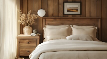 Rustic bedside cabinet near bed with beige pillows. Farmhouse interior design of modern bedroom.