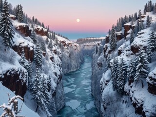 Serene Snowy Canyons under winters frost at dusk