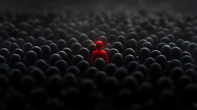 A solitary red figure, possibly a person or a symbol, stands out starkly against a vast, homogenous crowd of dark, textured spheres, representing themes of individuality, defiance, or standing apart 
