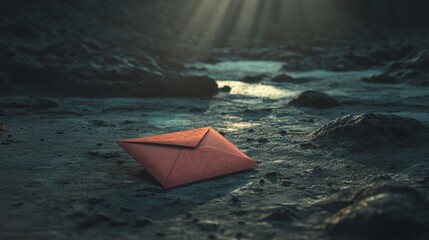A soft light bathes a vibrant red envelope placed on a textured stone surface. This arrangement creates an atmosphere of mystery and excitement, piquing interest in the envelope's contents