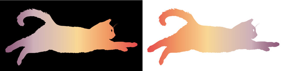 Katze im Sprung, Momentaufnahme. Katzensilhouette freigestelt mit einem Farbverlauf © IR_Daylin