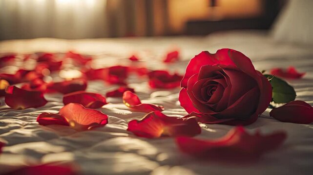 Red rose petals on a bed. Selective focus. Nature.