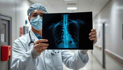 Doctor in a protective mask during the quarantine period for the spread of coronavirus. Holding a chest x ray while standing in the hospital checking for illnesses , with white tonespn