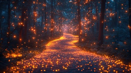 Enchanting Night Pathway Through a Mystical Forest Filled with Glowing Fireflies and Sparkling Lights