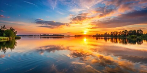 Fototapeta premium Softly glowing sunset over a serene lake, serene view, lake scene, serene view