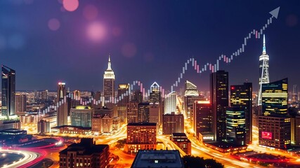 Fototapeta premium Double exposure of forex chart drawings overlaying cityscape background symbolizing success and prosperity, double exposure, chart, cityscape