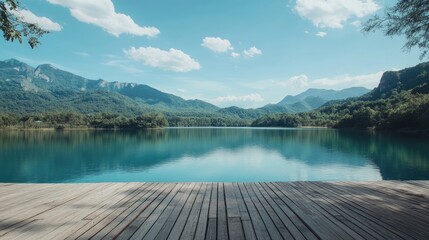 An empty wooden deck overlooking a tranquil lake, surrounded by nature and space for any artistic content or visual project.
