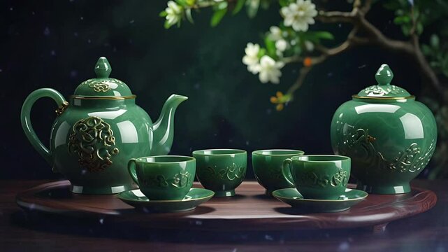 Elegant teapot and cup set made of luxurious green jade. Seamless 4K looping timelapse video animation background