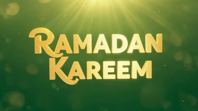 A bright green background with gold letters spelling out Ramadan Kareem. The letters are large and bold, and they stand out against the green background. The font is elegant and sophisticated