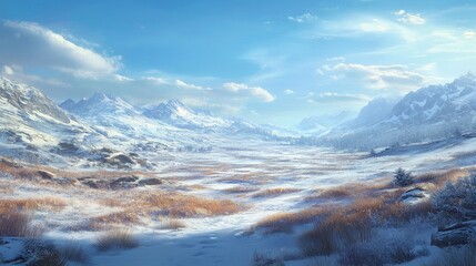 Obraz premium A barren, snow-covered field under a crisp blue sky, creating a peaceful, open environment with space for creative content.