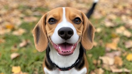 A Beagle dog playing fetch in an open grassy field, its joyful expression and wagging tail capturing a moment of excitement and fun.
