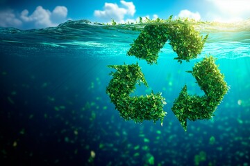 Recycling icon made of leaves beneath the ocean waves promoting sustainability