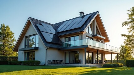 Private cottage with solar energy system, cozy country house with solar panels, green energy. Alternative green energy concept 