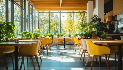Fototapeta premium Sunlit Modern Cafe Interior Design with Yellow Chairs and Lush Greenery