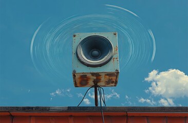 Vintage Speaker on Rooftop with Sound Waves and Blue Sky