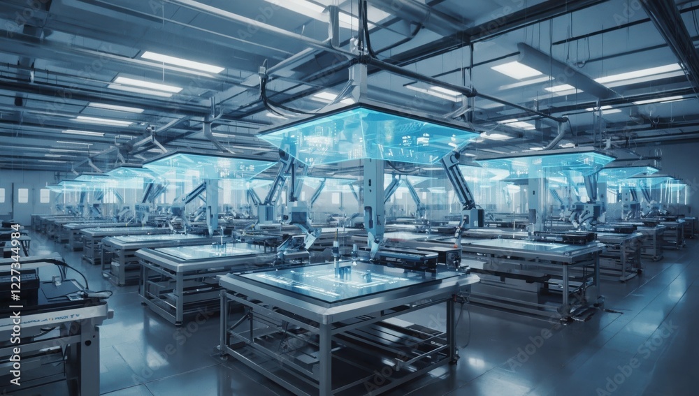 Poster modern factory using robotic arms and augmented reality interfaces to manufacture microchips, showca