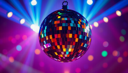 Disco ball sphere with colorful disco lights for party nights , wallpaper background with copy space , with white tonespng