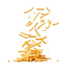 Falling potato fries on white isolated background
