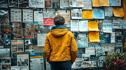 Person in Yellow Jacket Examining Bulletin Board Notices