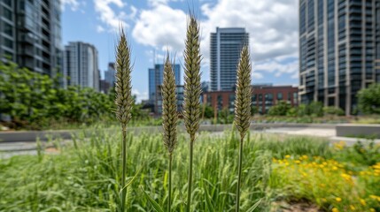 A close-up of wheat plants growing tall in a field with a blurry background, highlighting the texture and detail of the grains.