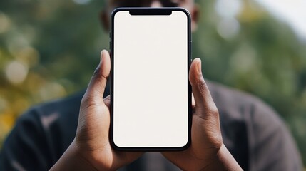 Close-Up African Man Holding Smartphone, Blank White Screen, Green Nature Background.