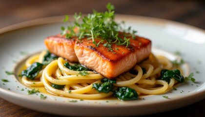 Pasta with salmon and spinach. Delicious homemade lunch or dinner, cooking recipes. Italian cooking. Menu