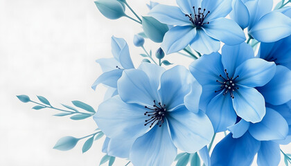 Watercolor floral illustration, dusty blue flowers with transparent petals and leaves. Hand painted watercolor bouquet on a white background , with white tonespng