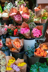 Flowers  bouquets in street flower shop