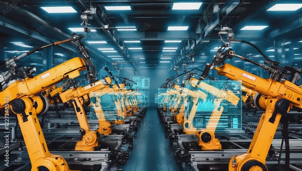 Poster robotic arms performing tasks in a modern automated factory, enhanced by an augmented reality interf