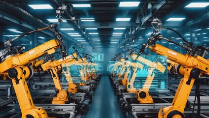 Robotic arms performing tasks in a modern automated factory, enhanced by an augmented reality interface displaying real time data and analysis, highlight advanced manufacturing technology