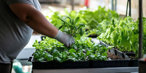 Person Planting Mint in Seedling Trays