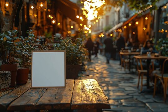 A blank white empty menu sign poster mockup displayed on a paper in a cafe setting, ideal for marketing, design, and advertising