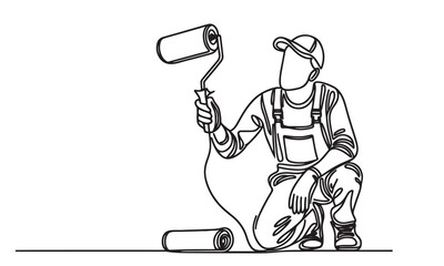 continuous one single line art drawing of worker painting, house painter illustration doodle style on white background