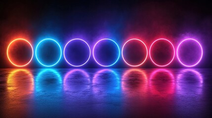 Colorful neon circles glowing on dark smoky stage with reflections