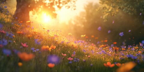 Sunset over field of flowers