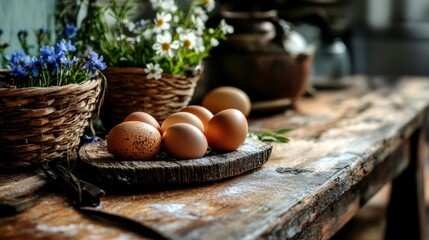Fototapeta premium Woven baskets filled with fresh eggs and adorned with wildflowers present a rustic, organic look. The variety of egg colors and textures enhance this natural aesthetic
