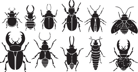 A set of insects silhouettes for flat design. Hand drawn vector illustration