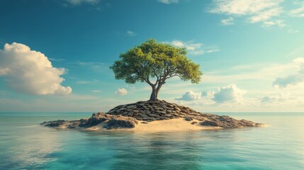 Growing on a mound of coins near the water, a small tree stands as a symbol of wealth and prosperity. The serene landscape, featuring gentle clouds and a calm sea, induces a tranquil atmosphere