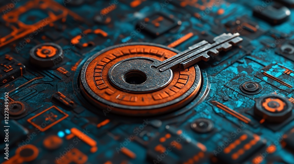 Poster the concept of digital technology, depicted by a key on a circuit board, signifies security and acce