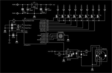 Schematic diagram of digital electronic device on paper sheet. Vector drawing electrical circuit with integrated circuit, transistor, diode, controller, voltage stabilizer, switch, capacitor, resistor