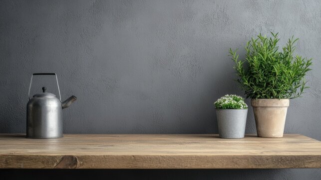 Rustic kitchen shelf, plants, kettle, grey wall.  Lifestyle blog, recipe backdrop