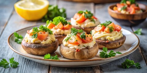 Baked stuffed mushrooms with salmon and cream on a plate, garnished with fresh parsley and lemon wedges , dinner