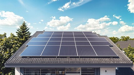 Fototapeta premium Modern private house with solar panels on the roof, ecological house of the future, green energy. Alternative green energy concept 