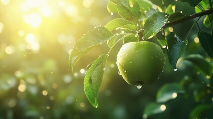 Obraz premium A fresh green apple on a branch with clear water droplets and soft sunlight streaming through the leaves.