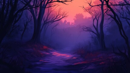 Mystical Forest Path at Twilight Sunset Glow