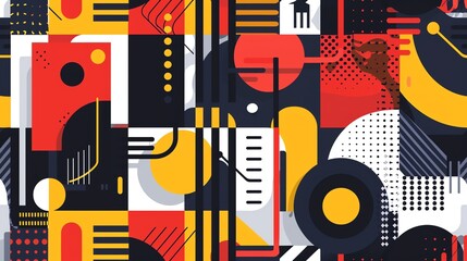 A colorful, abstract geometric pattern with circles, squares, stripes, and dots.