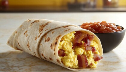 hearty breakfast burrito showcasing scrambled eggs and crispy bacon inside a warm tortilla, served with a vibrant salsa on the side, highlighting the deliciousness of a classic breakfast